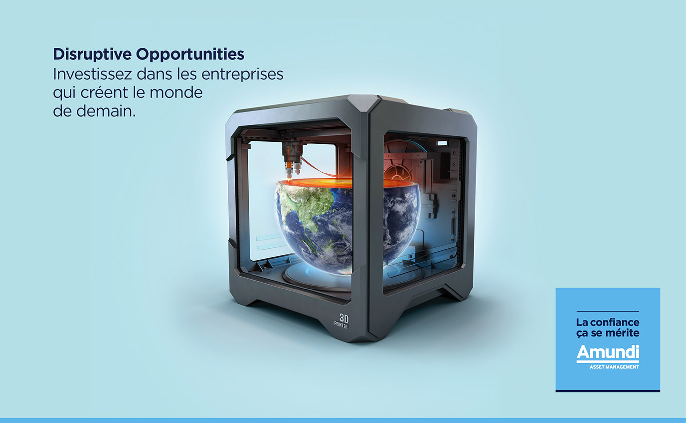 amundi disruptive impression 3D planete publicite frappa