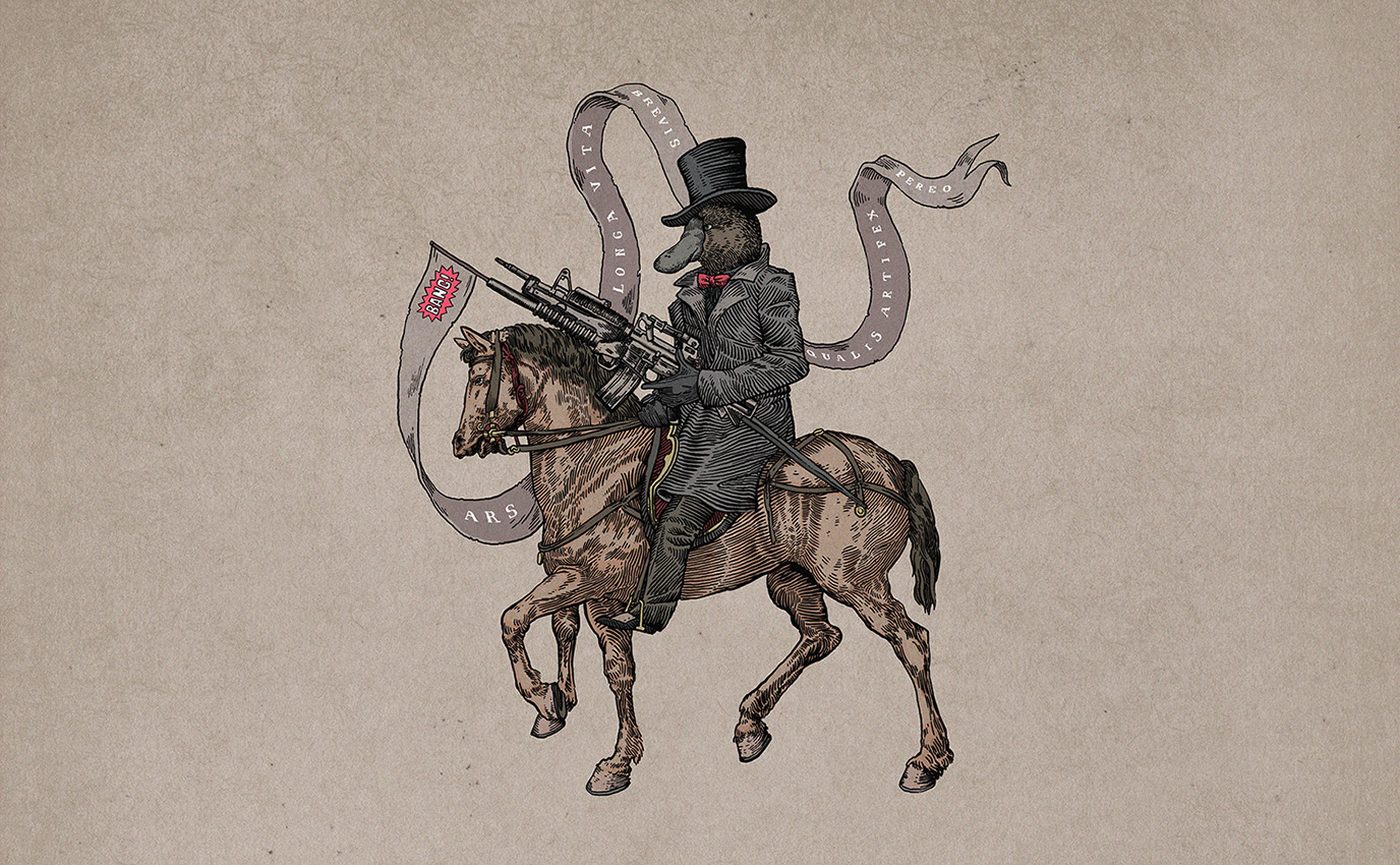 digital chimaeras platypus rifle horse detail ornithorynque cheval mitrailleuse illustration frappa